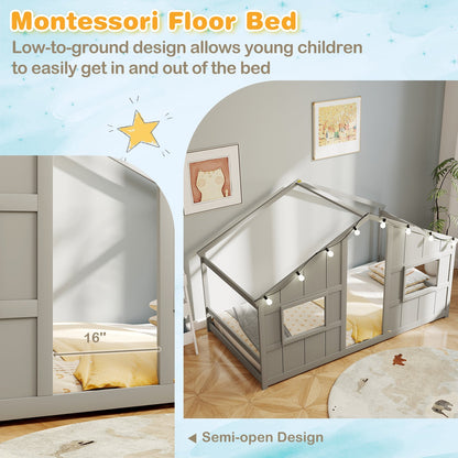 Twin Size House Bed with LED Lights Montessori Slat-free Floor Bed