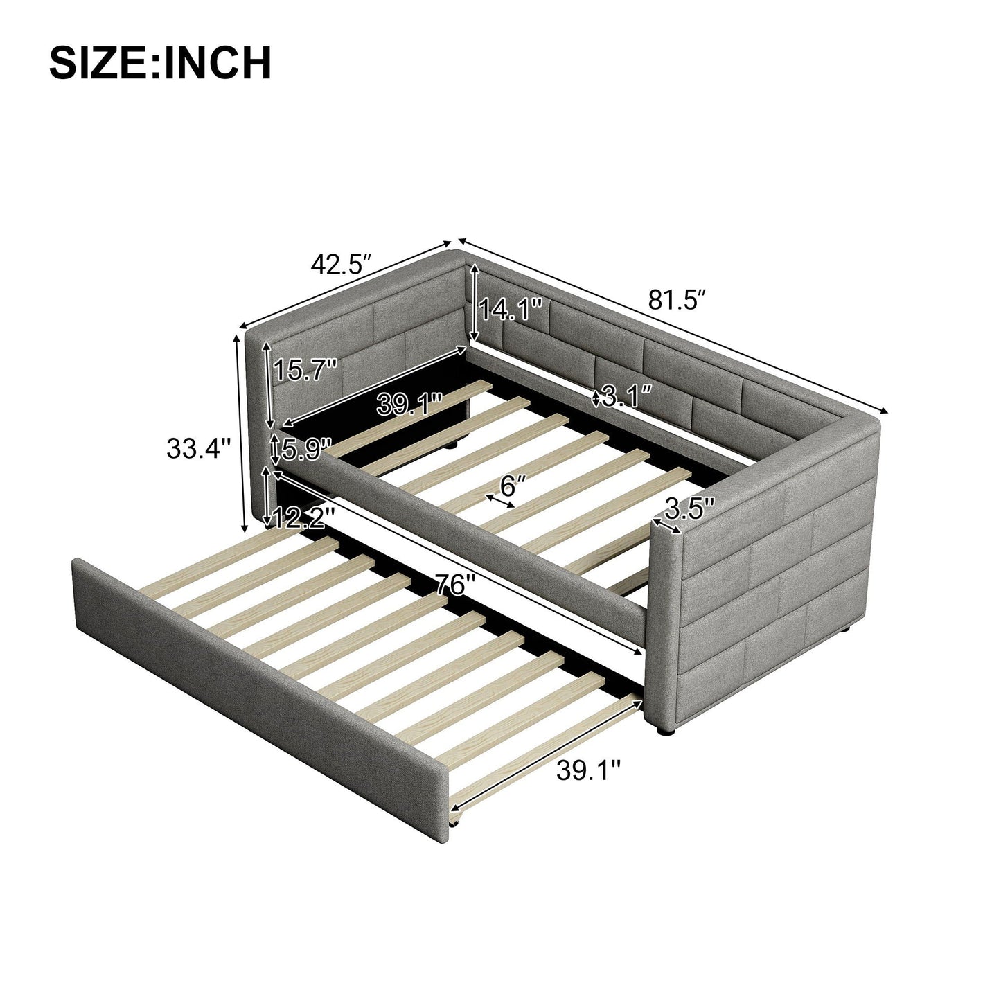 Upholstered Twin Size Daybed With Trundle, Padded Back And Sides - Gray