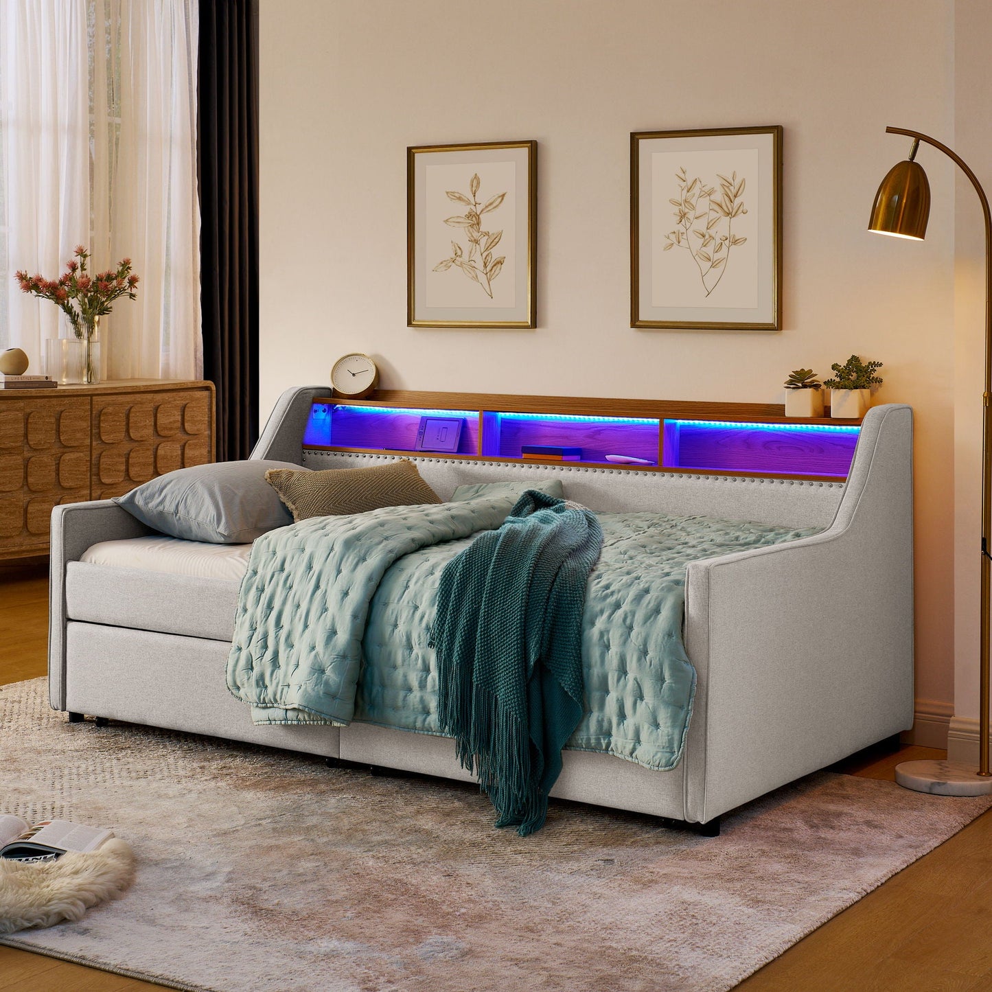 Twin Upholstered Sofa Bed With LED Lights, Storage Drawers, Adjustable Headboard & Wireless Charging - Beige