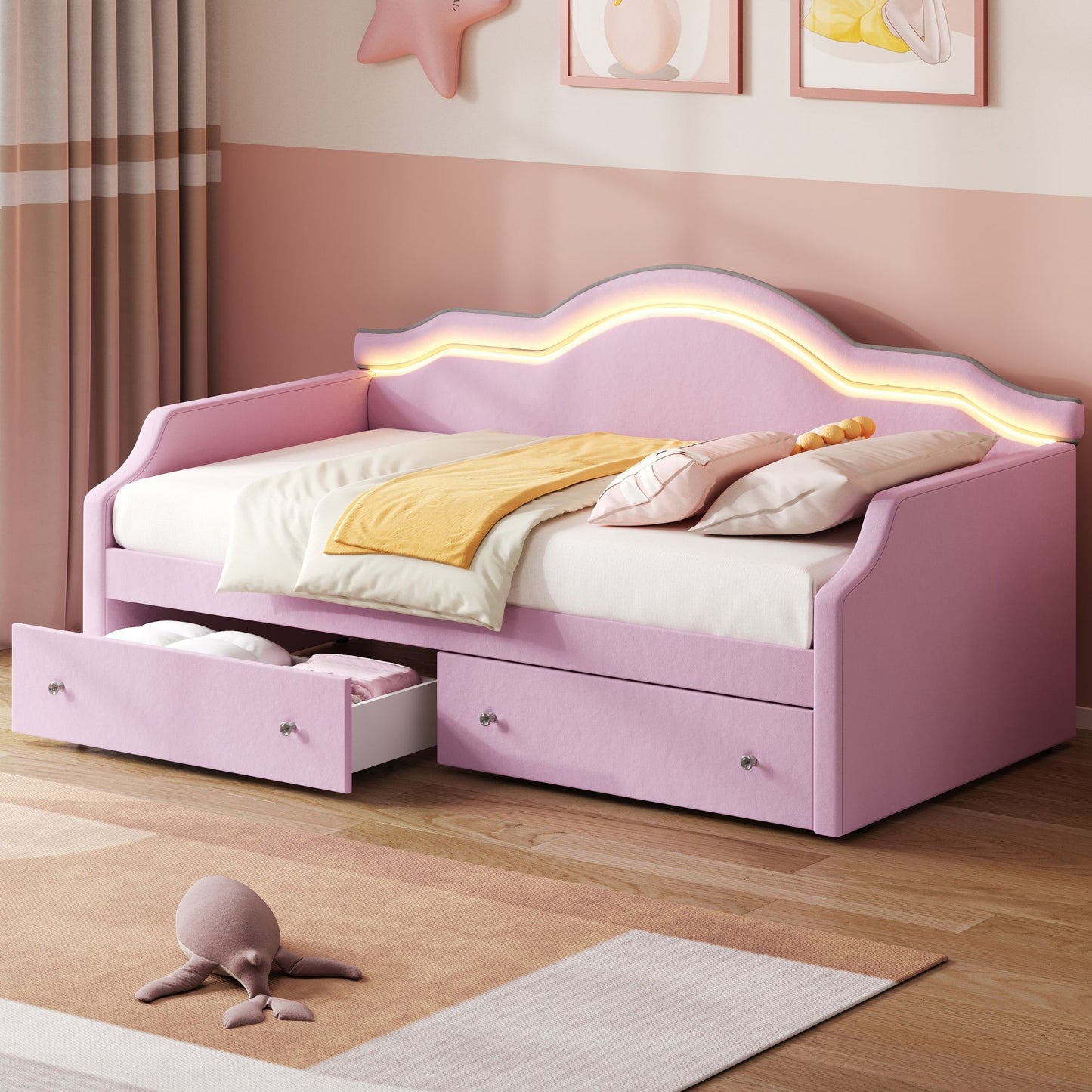 Upholstered Daybed With LED Lights And 2 Drawersme