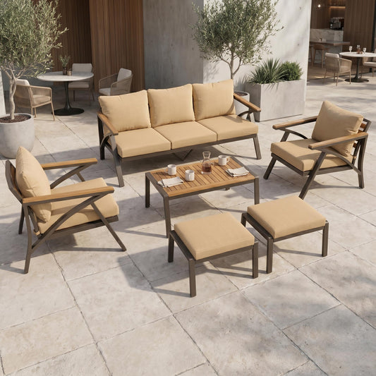 6-Piece Outdoor Patio Furniture Set with Steel Frame Sofa & Acacia Wood Table