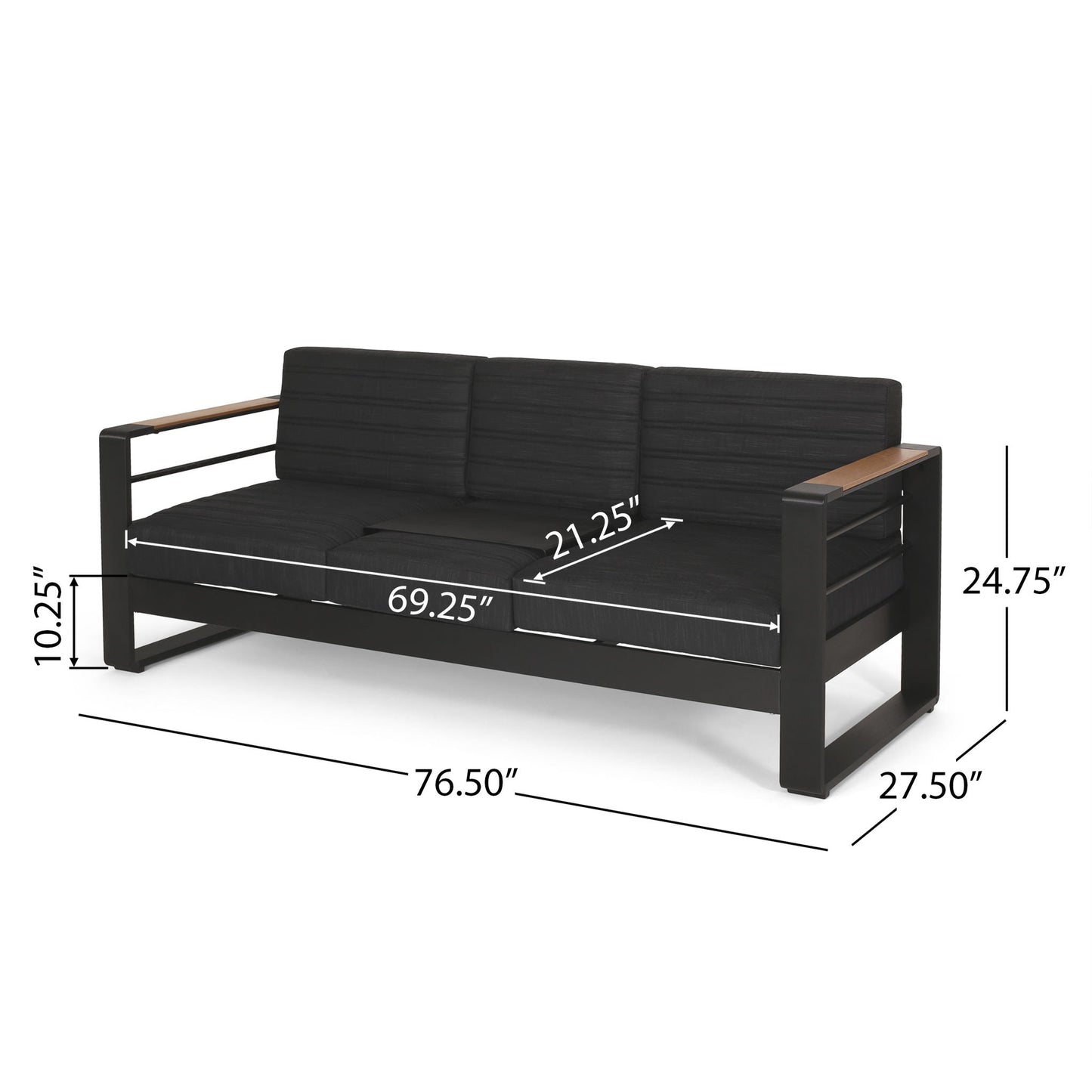 Giovanna 3-Seater Sofa with Aluminum Frame and Water-Repellent Cushions - Black