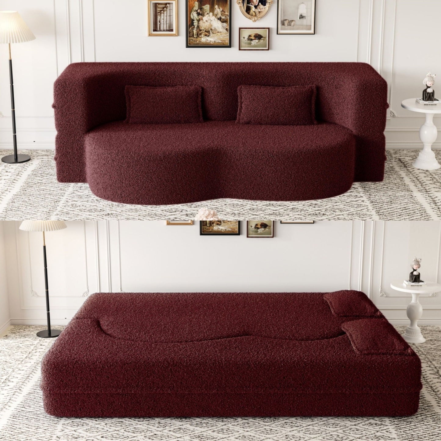 Modern Floor Sofa With Two Pillows Convertible Teddy Fabric Foam Filled Bed