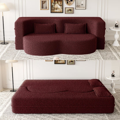 Modern Floor Sofa With Two Pillows Convertible Teddy Fabric Foam Filled Bed