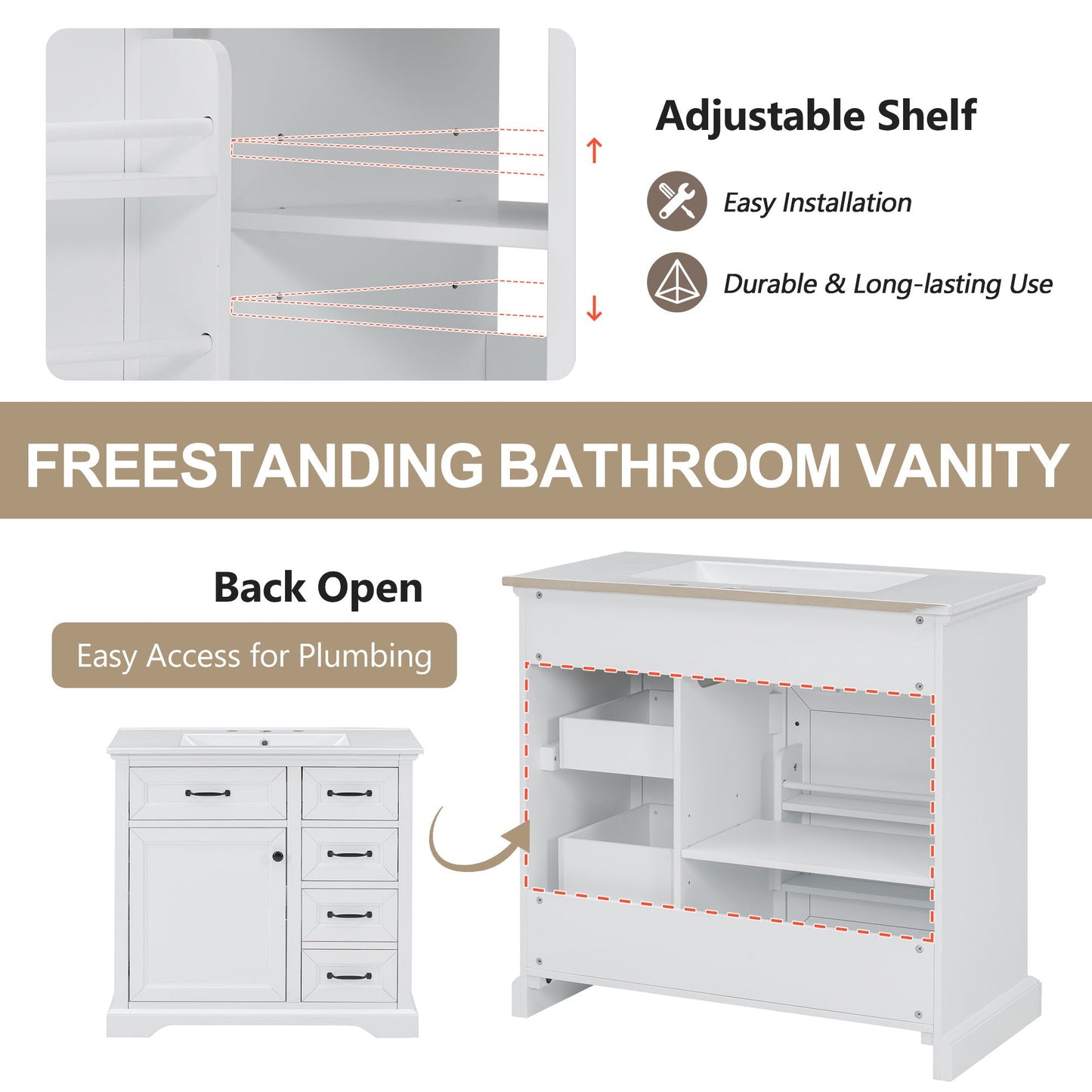 36" Bathroom Vanity With Sink, 2 Tip-Out Drawers, Soft Close Hinges