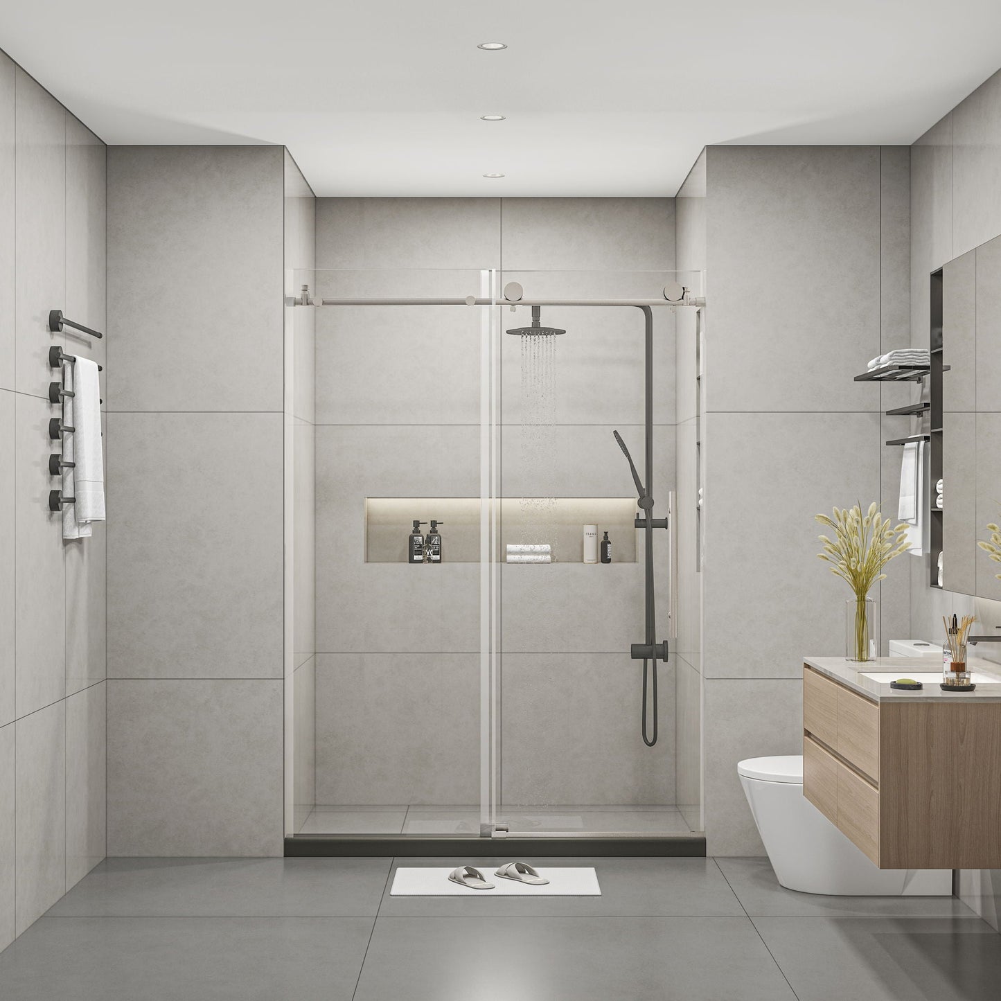 Frameless Shower Door, Clear Tempered Glass - Brushed Nickel