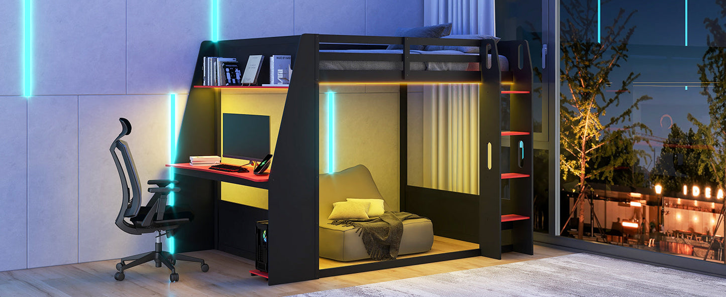 Full Size Wooden Gaming Bunk Bed with Desk, Two Storage Shelves, USB and LED Light