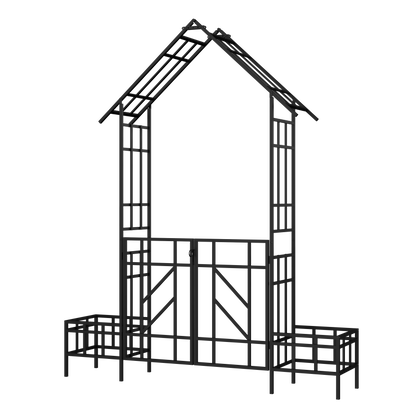 Metal Garden Arch with Gate and Planter for Climbing Plants