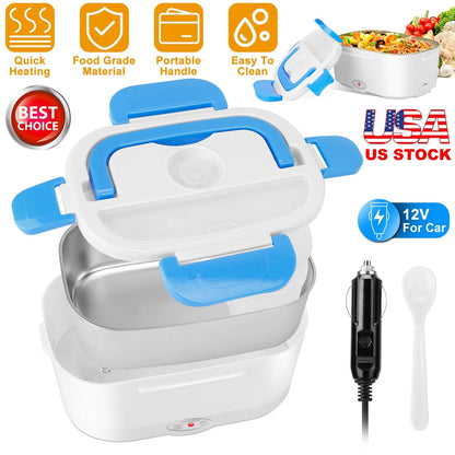 Electric Heating Lunch Box Food Heater Container Travel Thermal Bento Box Portable Food Warmer w/ 2 Removable Compartments 1 Free SpoonÊ1L