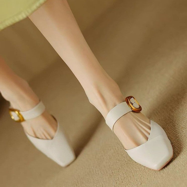 Summer New Women French Style Pointed Toe Mules, Fashion Outdoor Wear Versatile Block Heel Closed Toe Slide High Heels For Dresses