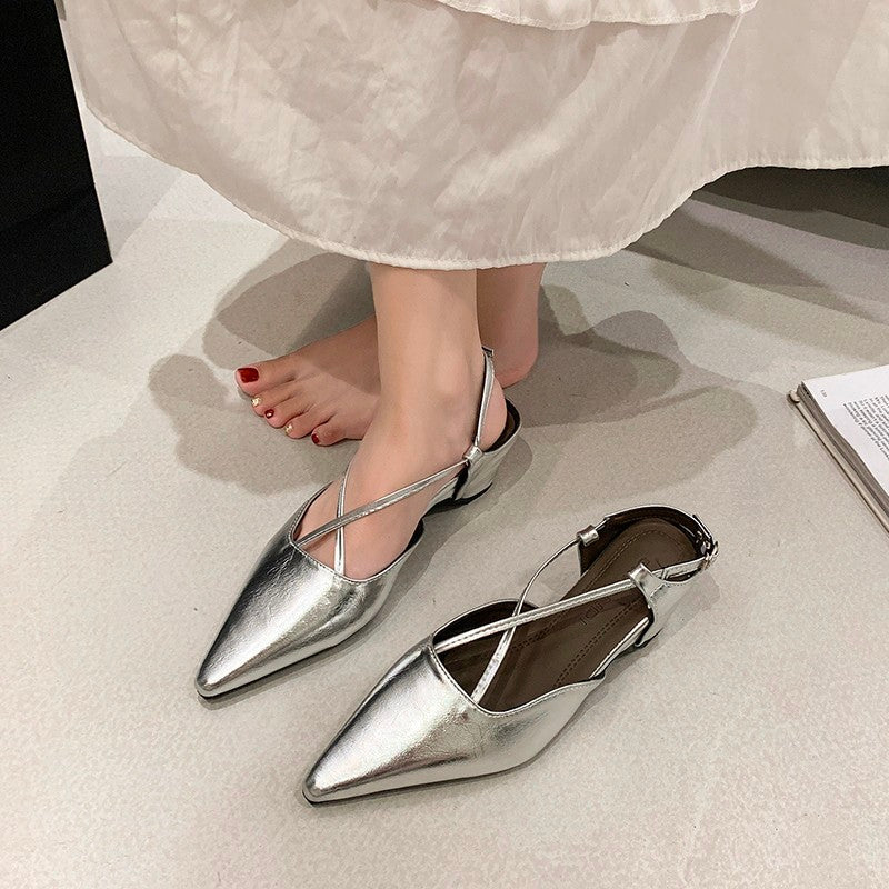 2026 Summer New French Pointed Toe Cross Strap Closed Toe Sandals, Elegant Versatile Wedge Heel Back Strap Commuter Sandals For Women