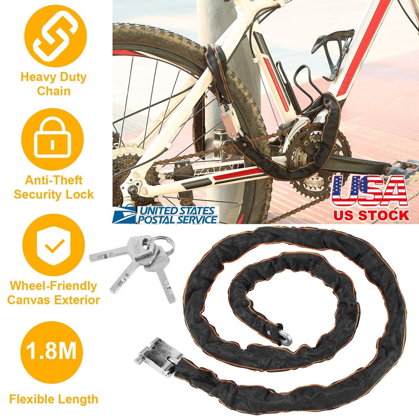 1.8M Bike Chain Lock w/ 3 Keys Heavy Duty Security Lock Bicycle Motorcycle Motor Bike Chain Lock