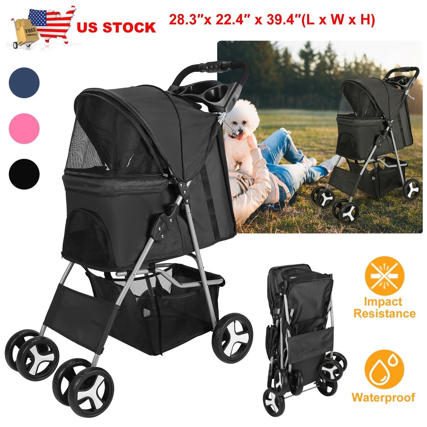4 Wheels Pet Stroller Foldable Carrier Strolling Cart Travel Jogger Pet Stroller with Removable Liner Storage Basket for Dog Cat