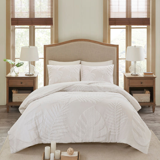 3 Piece Tufted Cotton Chenille Palm Comforter Set Off-White Full/Queen