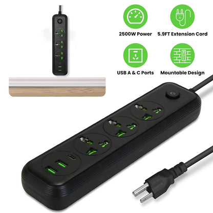 Power Strip with 5.9FT Extension Cord 3 AC Outlets and 2 USB A Ports 1 USB C Port 2500W Wall Mount Outlet Extender For Home Office Dorm Travel