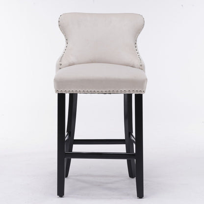 Contemporary Upholstered Wing-Back Barstools With Button Tufted Decoration And Wooden Legs, And Nailhead Trim, Leisure Style Bar Chairs, Bar Stools (Set of 2)