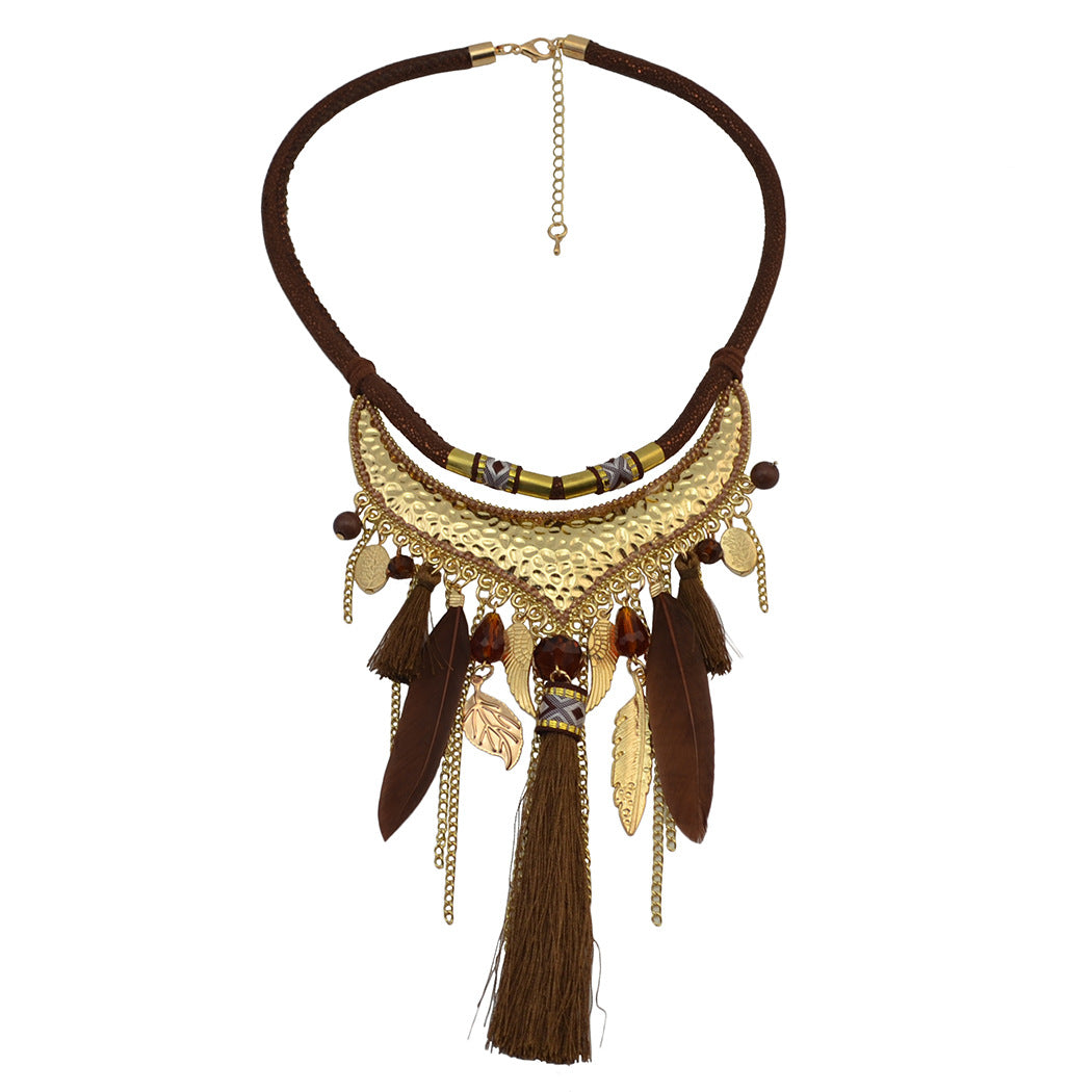 BLUEGREEN Feather Leaf Tassel Necklace - Bohemian Jewelry for Women