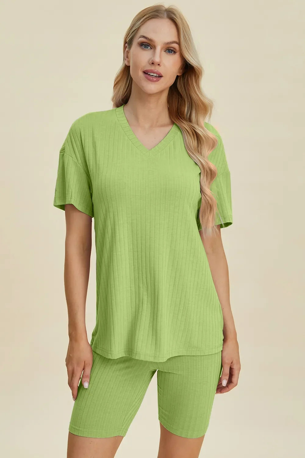 Plus Size Ribbed V-Neck Top & Shorts Set