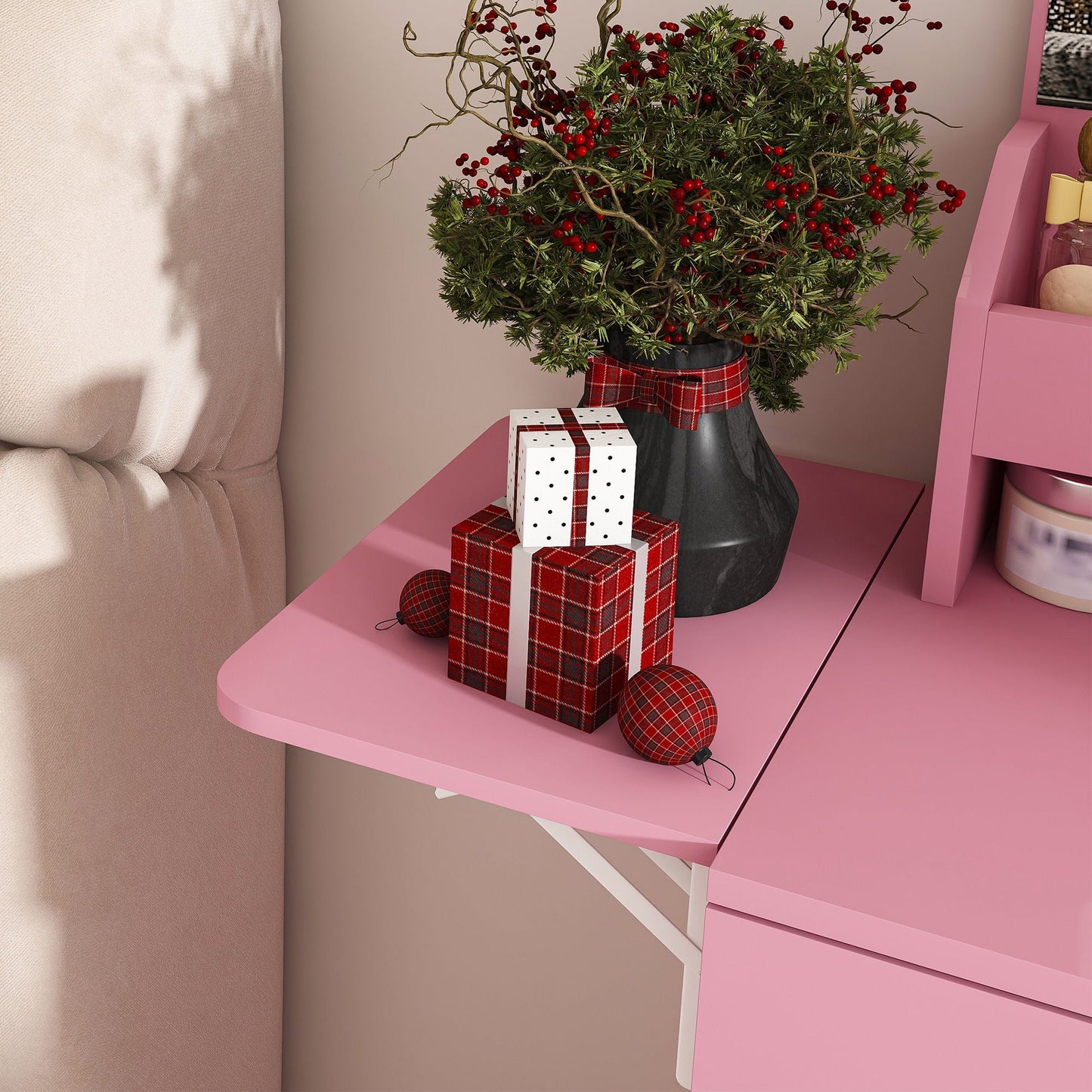 Vanity Desk With LED Mirror Lights And Power Outlet Charging Station, 3 Drawers, 7 Shelves, Storage Stool - Pink