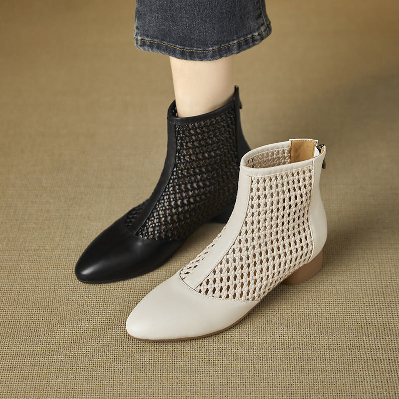 Retro-style Minimalist Elegant Cowhide Low-heeled Shoes With A Back Zipper For Women