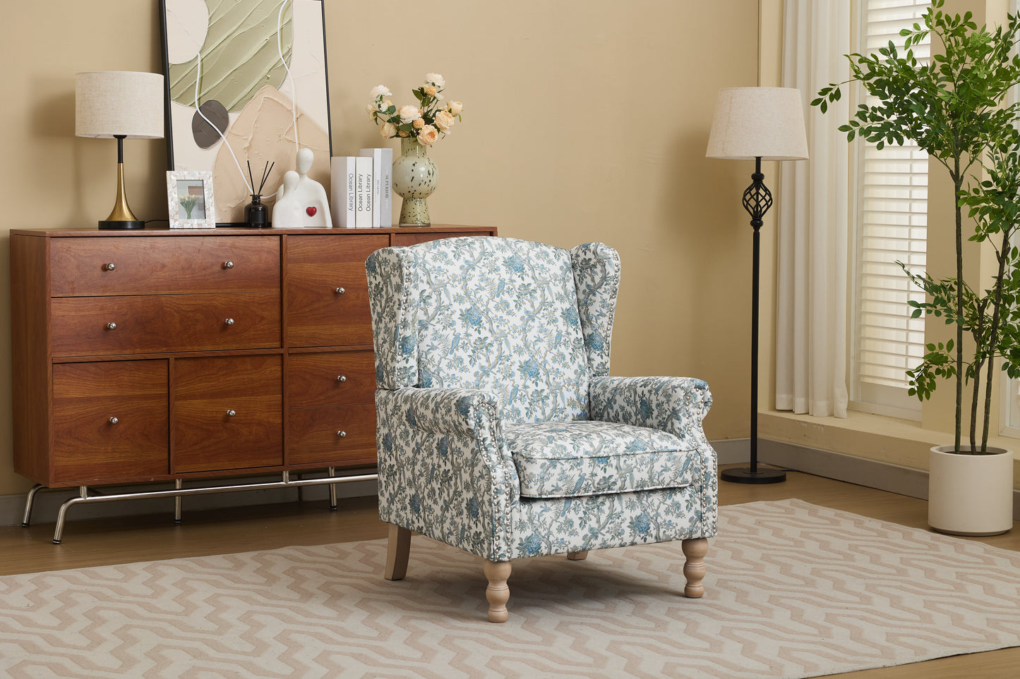 Modern Accent Chair with Retro Wood Legs and Floral Design