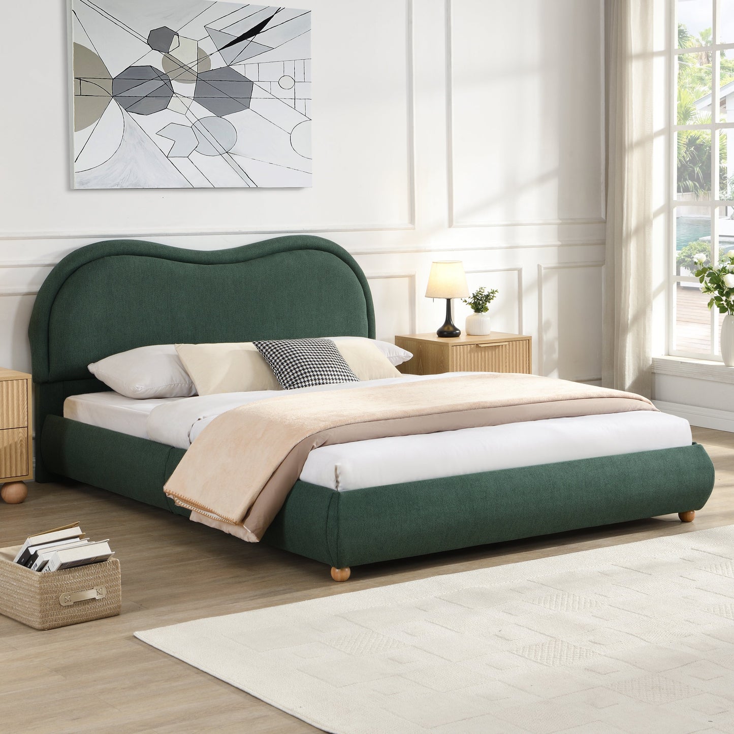 Queen Size Upholstered Platform Bed Frame with Rounded Corners Curved Headboard