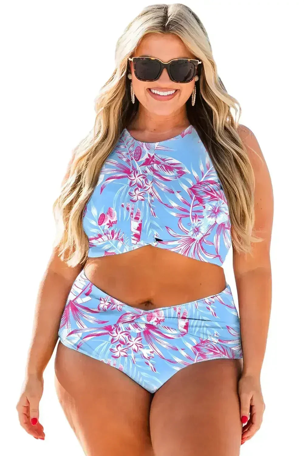 Rose Plus Size Floral Print Twisted High Waist Bikini Set