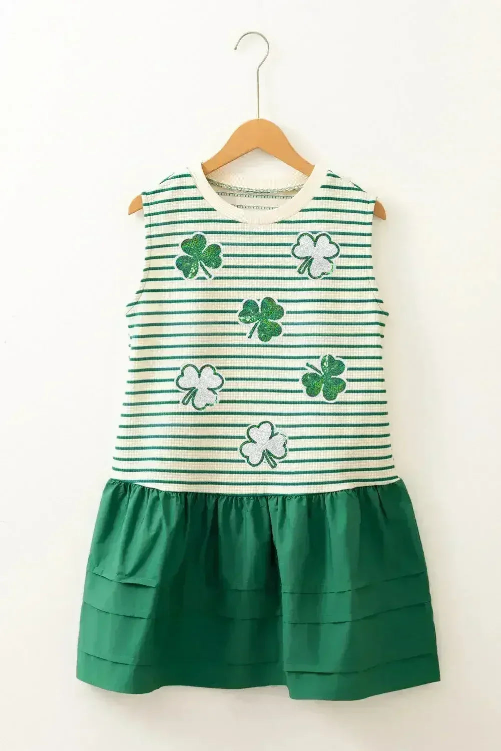 Stripe Sequin Clover Patched Contrast Mini Dress with Pockets
