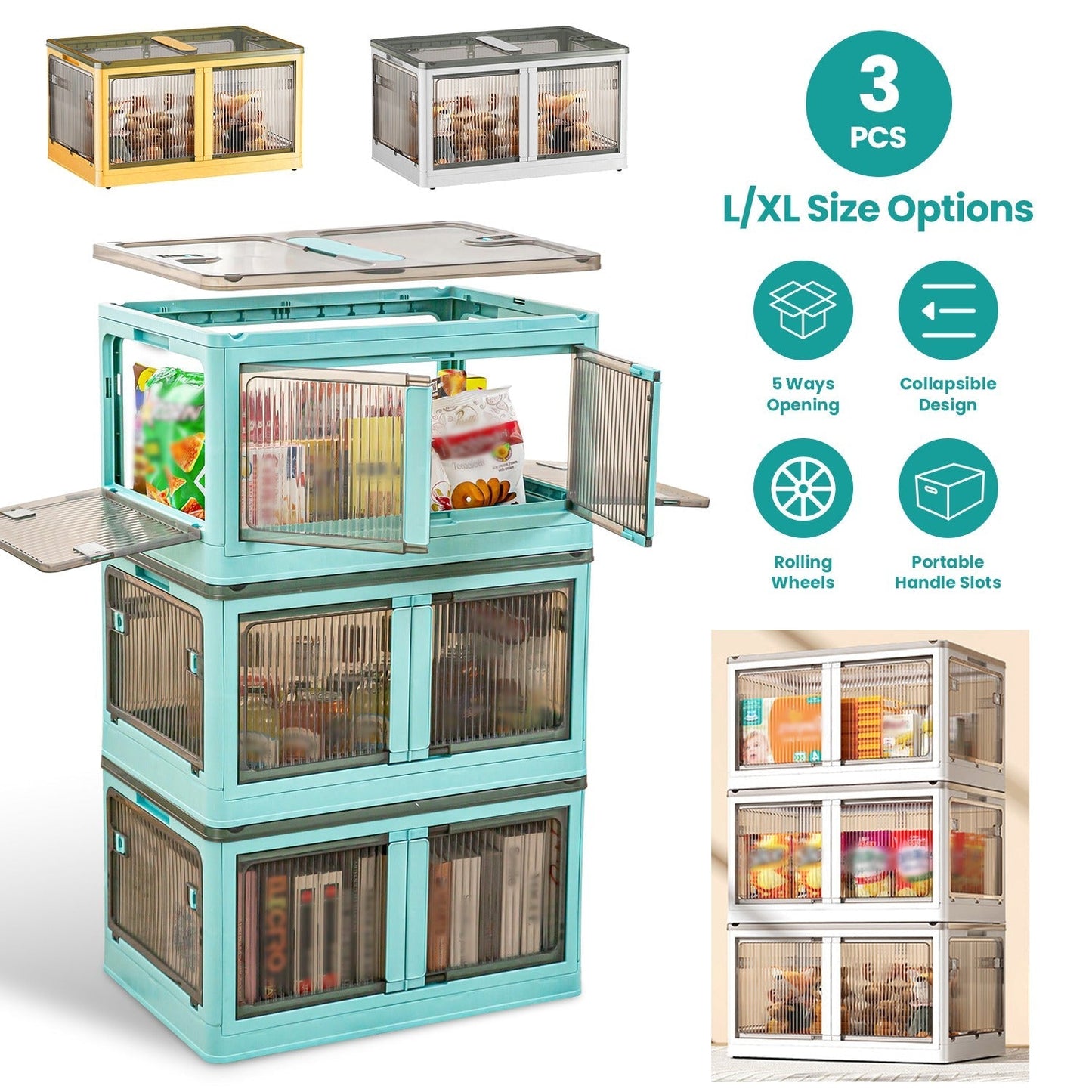 3Pcs Foldable Storage Bins with Lid 4 Doors Collapsible Stackable Closet Organizer Containers with Lock 4Pcs Wheels