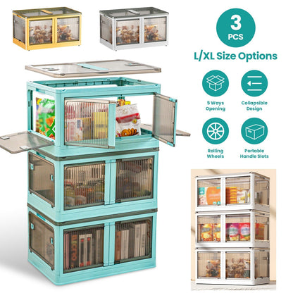 3Pcs Foldable Storage Bins with Lid 4 Doors Collapsible Stackable Closet Organizer Containers with Lock 4Pcs Wheels