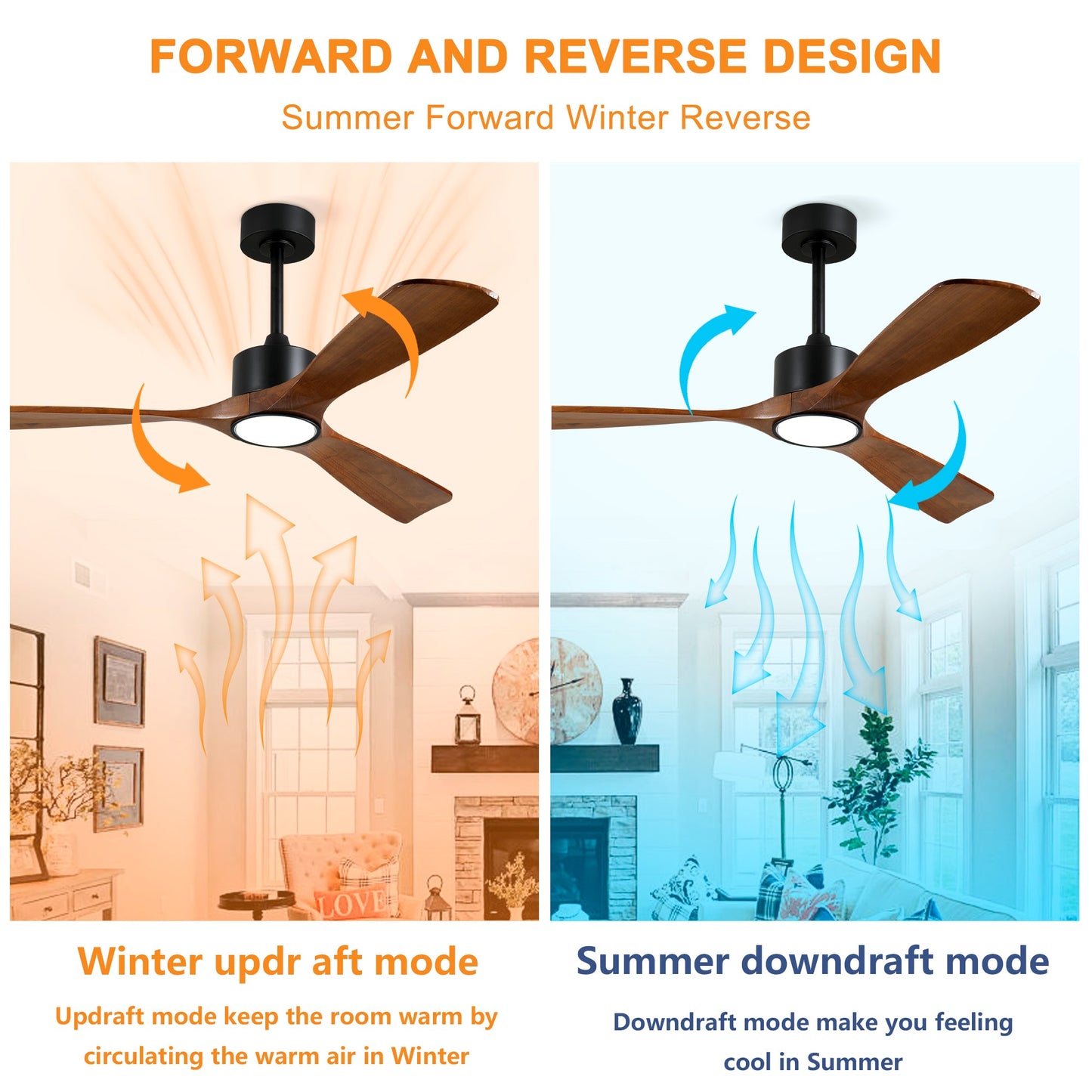 52 Inch Solid Wood Ceiling Fan with Light Kit and Remote Control