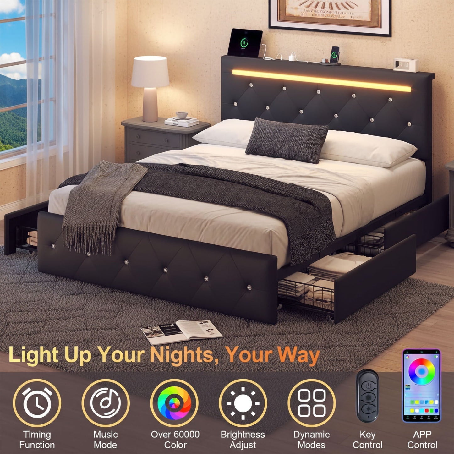 Upholstered Bed Frame With LED Lights, 4 Storage Drawers, Charging Station