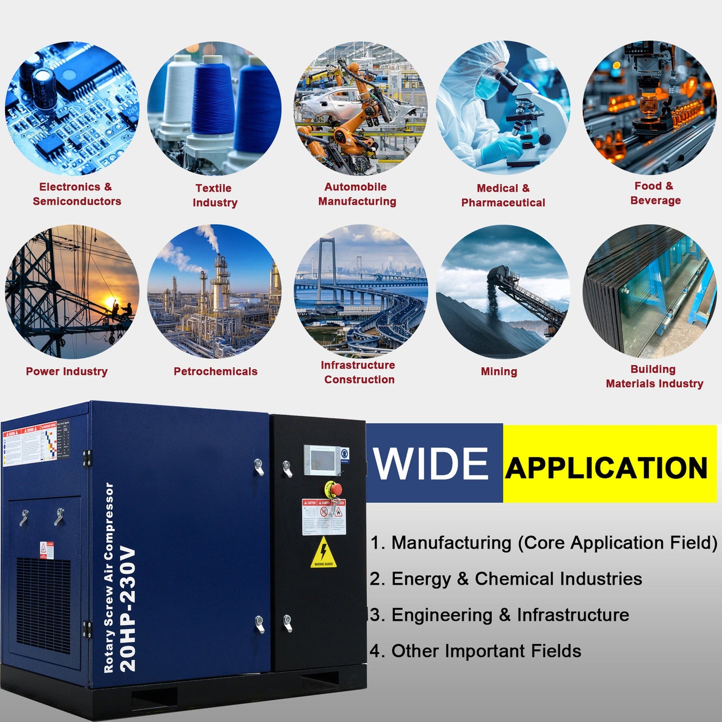 20HP Rotary Screw Air Compressor, 74 CFM, 125 PSI, Industrial-Grade