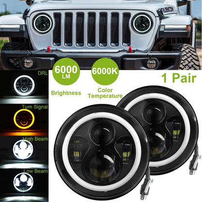 2 X 7" 6000LM Round LED Headlight Halo Angel Eyes for Jeep Wrangler TJ JK CJ w/H4 to H13 Adapter Plug and Play