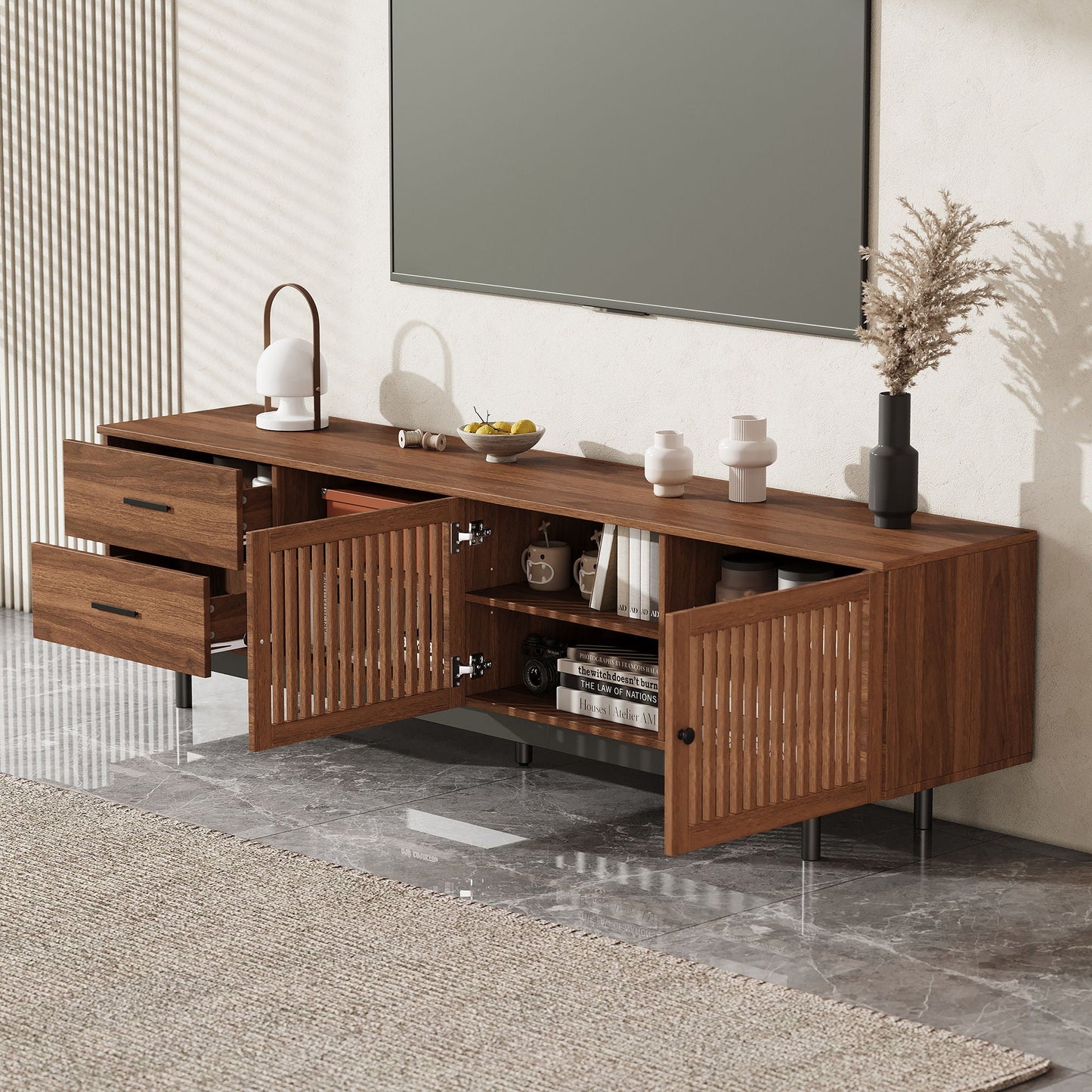 78" TV Stand For TVs Up To 85" Entertainment Center With Deep Drawers & Cable Management, Soft Closing Hinges - Walnut