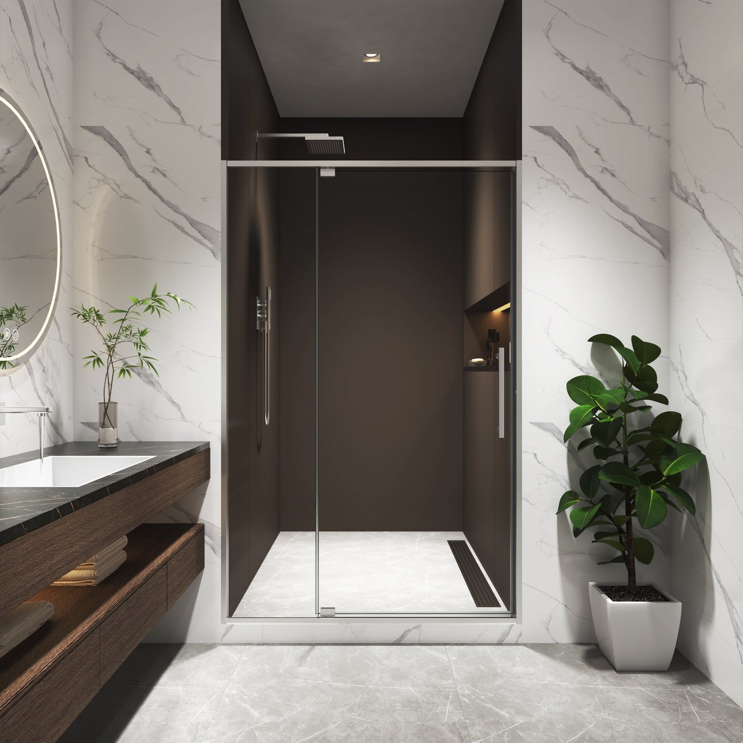 44-48"W x 74"H Pivot Shower Door with Brushed Nickel Finish