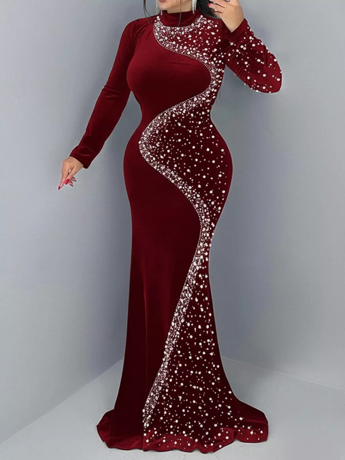 Rhinestone Embellished Velvet Mermaid Evening Maxi Dress