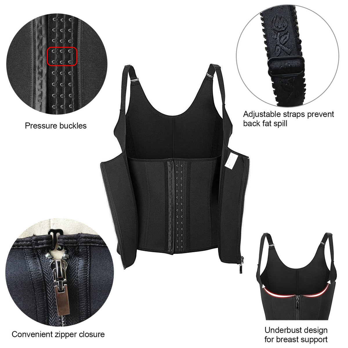 Zippered Waist Trainer Corset Waist Tummy Control Body Shaper Cincher Back Support with Adjustable Straps for Women
