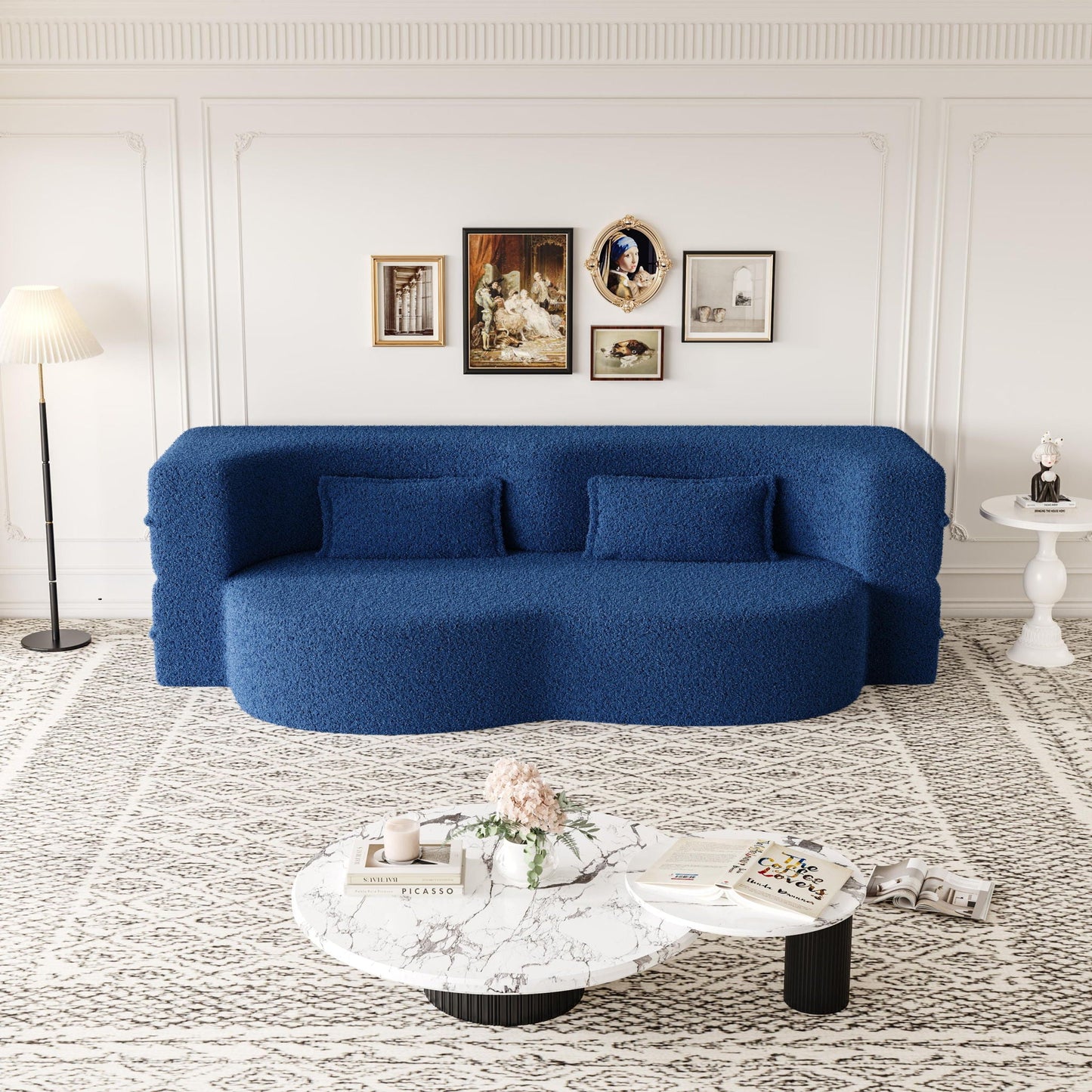 Modern Floor Sofa With Two Pillows Convertible Teddy Fabric Foam Filled Bed