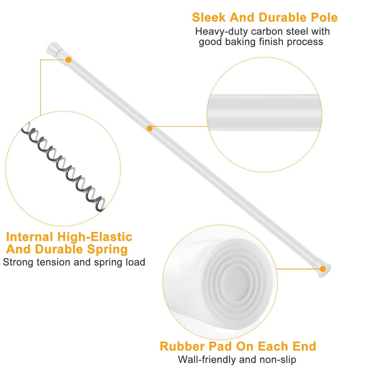Tension Curtain Rod Spring Load Adjustable Curtain Pole Heavy-Duty Steel 4 Sizes for Bathroom Wardrobe Kitchen Balcony