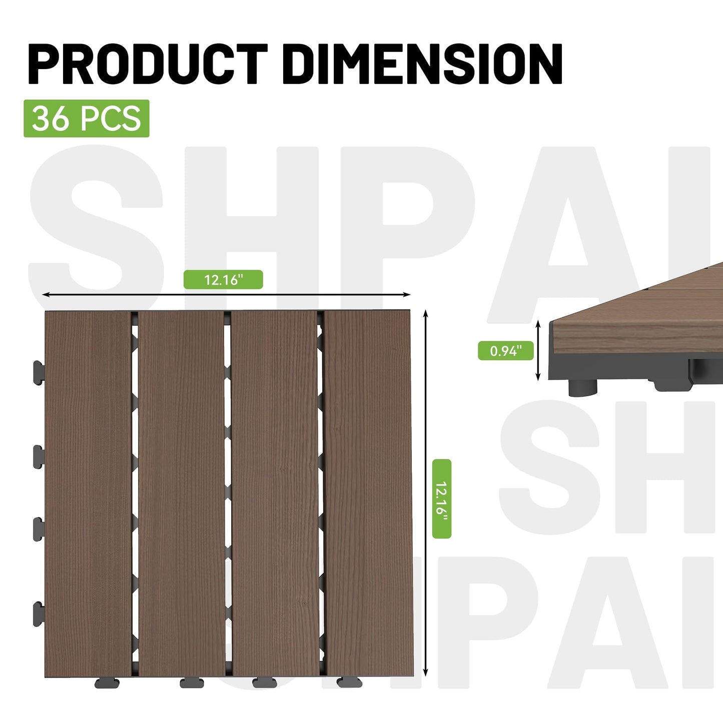 36 Pcs Interlocking Deck Tiles, 12" x 12" HDPE Outdoor Flooring