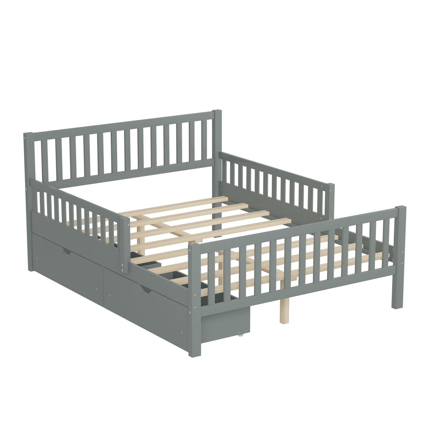 Platform Bed With Guardrails On Both Sides And 2 Storage Drawers