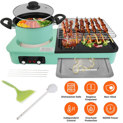3 in 1 Electric Hot Pot with Grill 1600W Smokeless Non-Stick Korean BBQ Grill Shabu Shabu Hot Pot Combo with Independent Temperature Control for 3-5 P