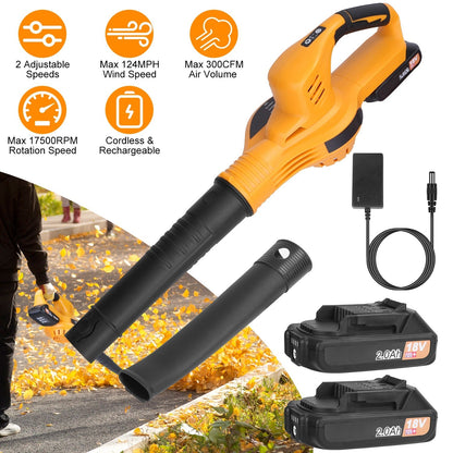 Cordless Leaf Blower Handheld Electric Battery Powered Air BlowerÊMax 124MPH 300CFM with 2 Adjustable Speeds 2Pcs 18V 2000mA Battery and Charger for Y