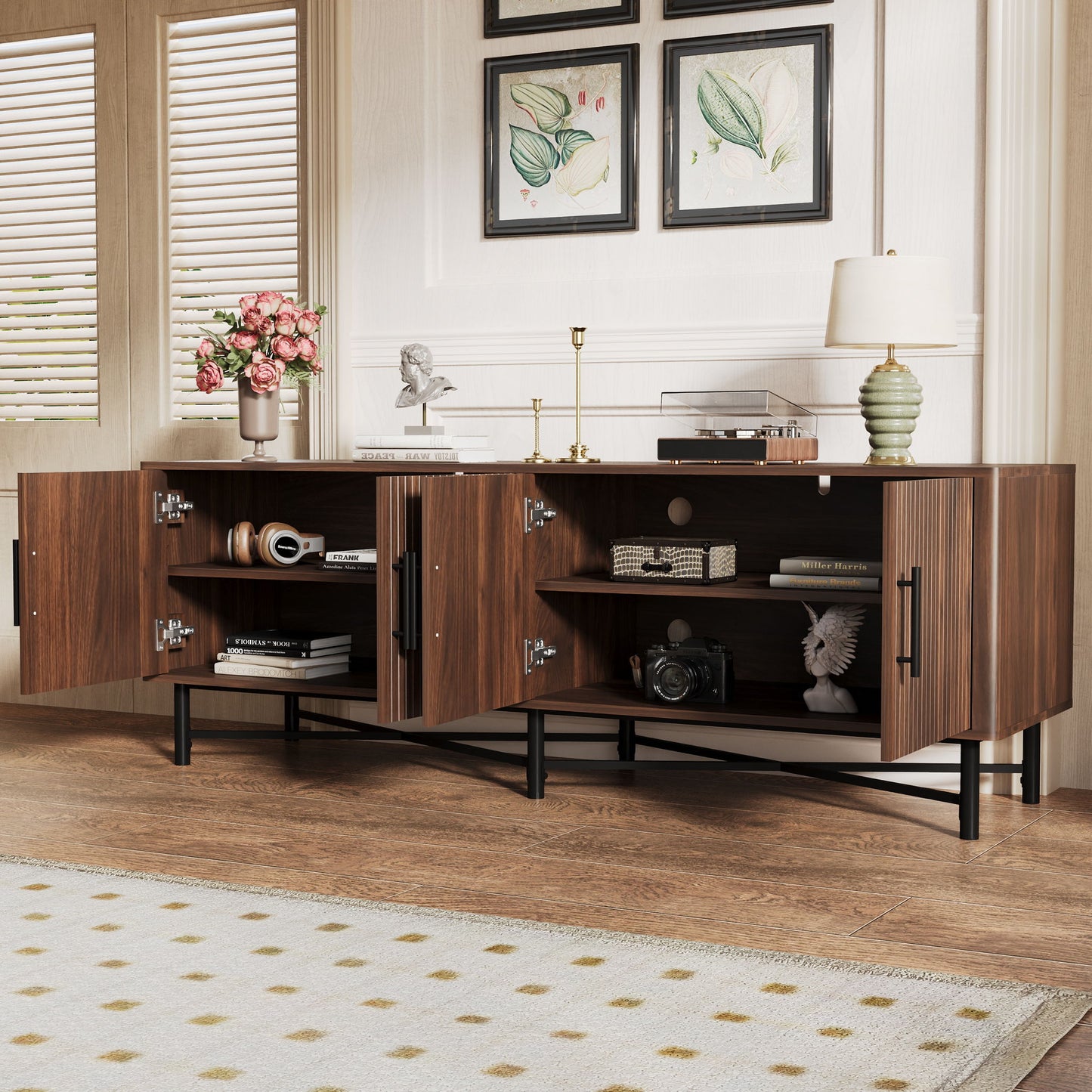 4 Door TV Cabinet with Adjustable Shelves and Storage Spaces
