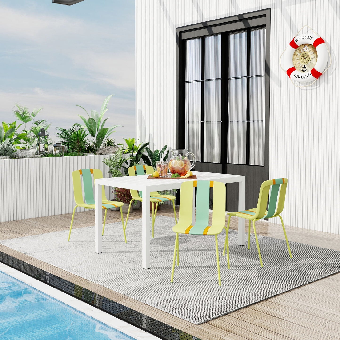 4 Piece Set Of Modern Striped Color- Blocking Single Chairs With Long Table