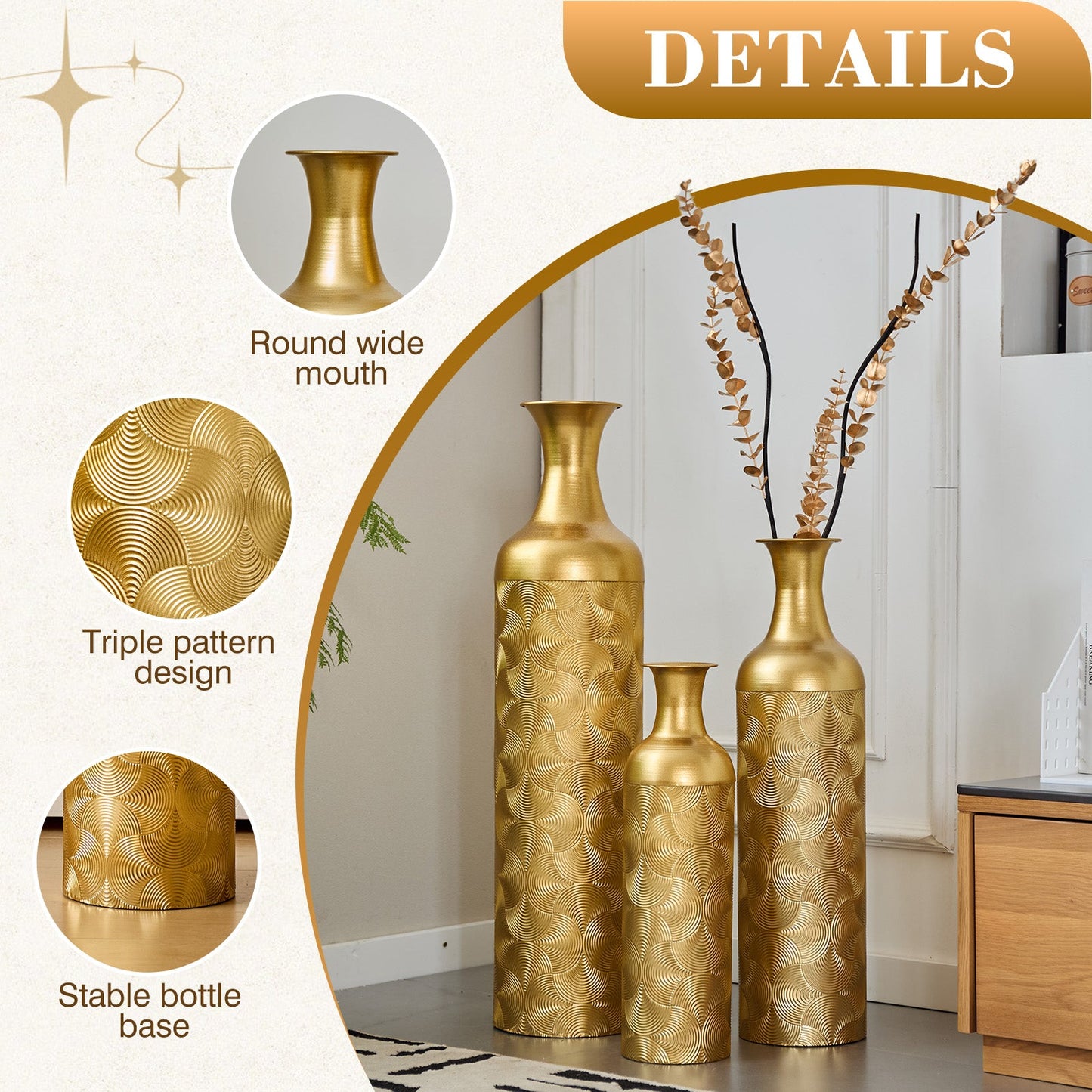 3 Pack Semi-Handcrafted Gold Metal Vase Collection