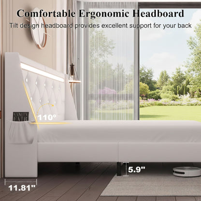 Wingback Upholstered Bed Frame With LED Lights, Charging Station