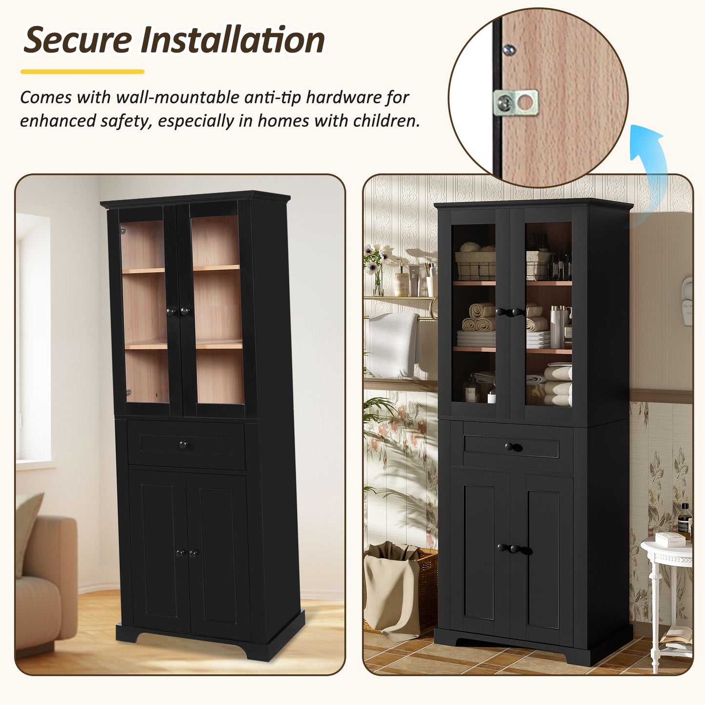 Bathroom Vanity & Tall Storage Cabinet Set With Doors, Adjustable Shelves, Soft Close Hinges, Sink