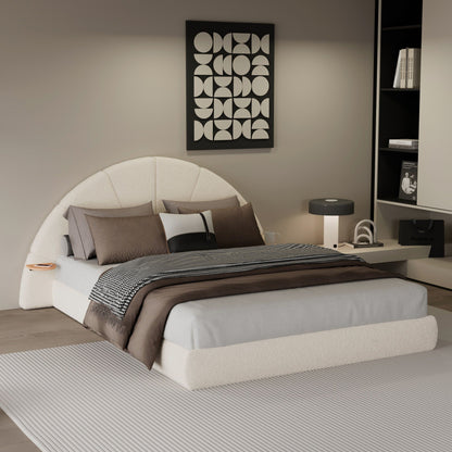 Queen Arched Bed With Small Table, Floor Standing Design - Beige